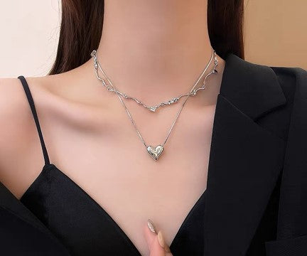 Heart Silver double chain Necklace